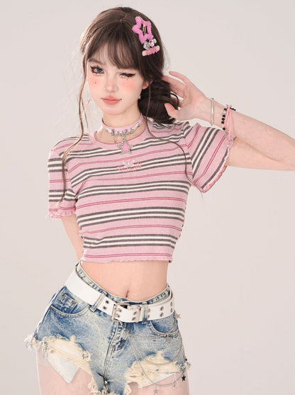 Short Pink T-Shirt Romantic Slim Stripe