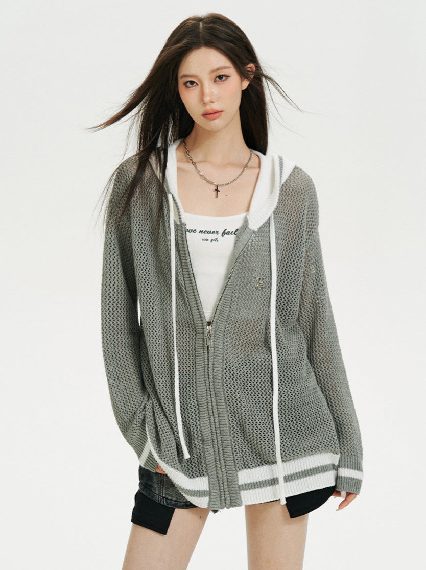 Kurzer/langer Hoodie aus transparentem Netzstrick mit Reißverschluss