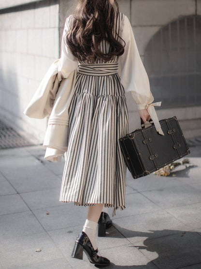 Kleid Ribbon Ribbon Shirt Retro French V-Ausschnitt gestreift