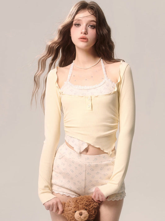 Milky Faux Piece Cream Eye Halter Two Top Neck Yellow