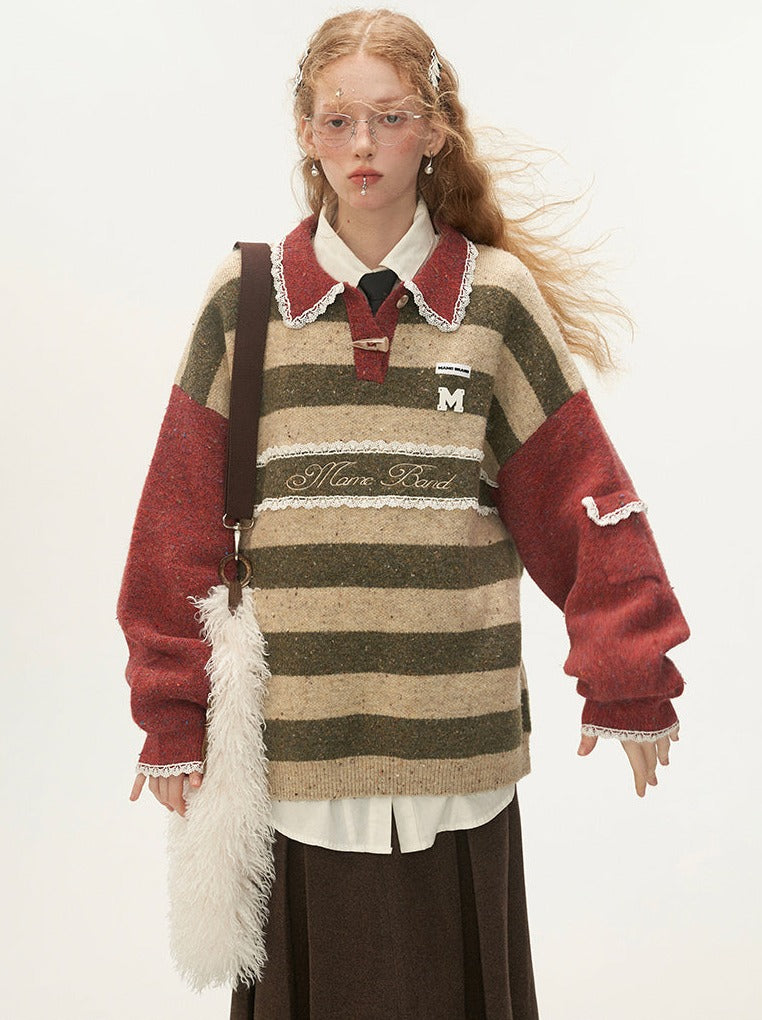 Polo Striped Sweater Retro Lace Pullover