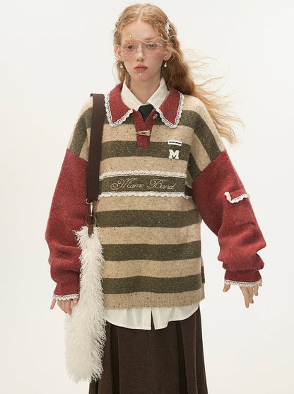 Polo Striped Sweater Retro Lace Pullover