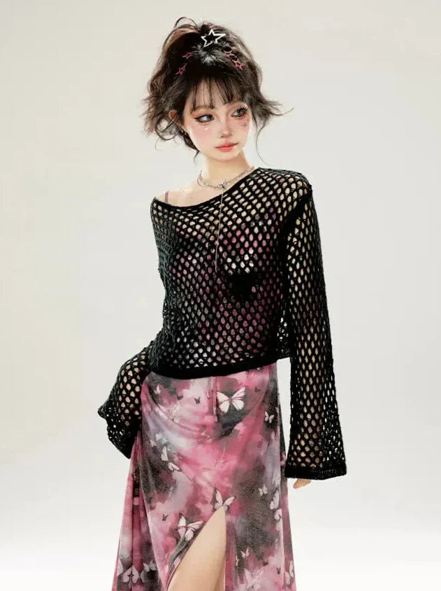 プルオーバー ブラック シアー ルーズニット カットアウト