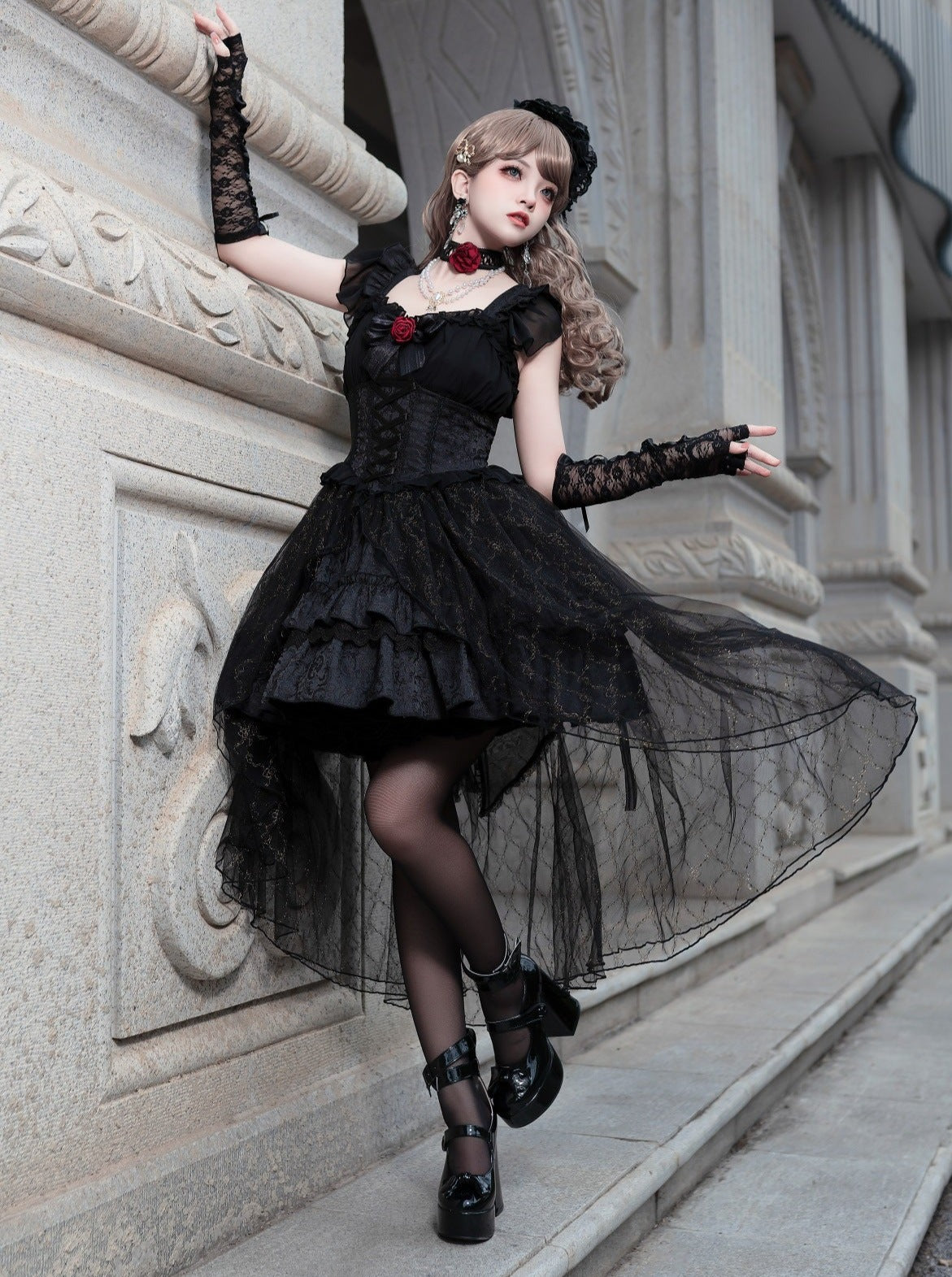 Rose Dress Black Flared Gothic Lolita