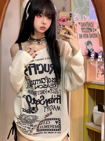 Off-Shoulder Style Knit Print Lazy Letter