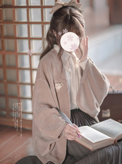 Chiffon Jacket Skirt Retro + Ribbon Checkered Dark Feather Skirt Shirt + Note Showa Brooch Cherry Gray