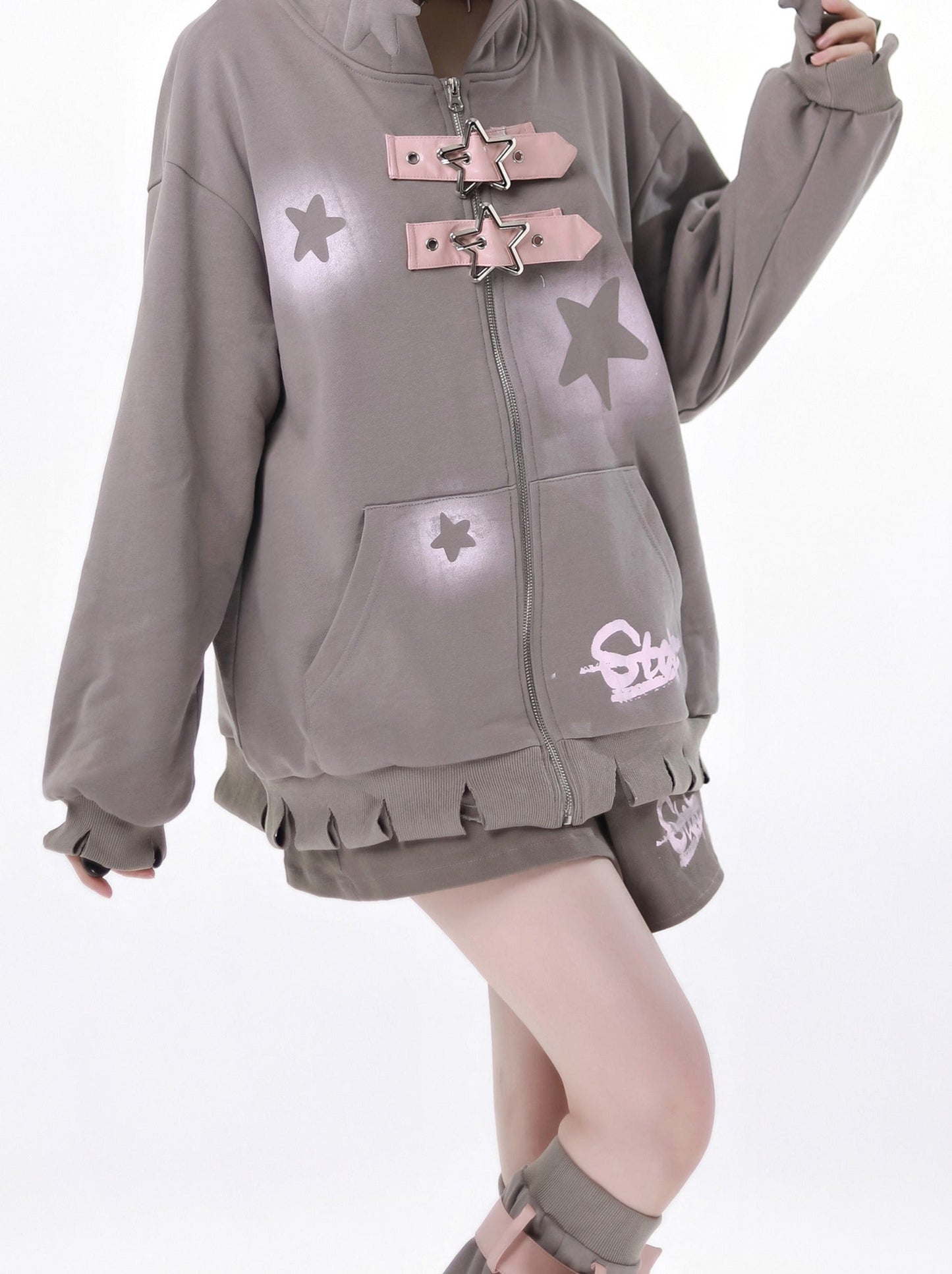 スターアメリカンプリント ルーズジップパーカー + イレギュラースカート + レッグウォーマー