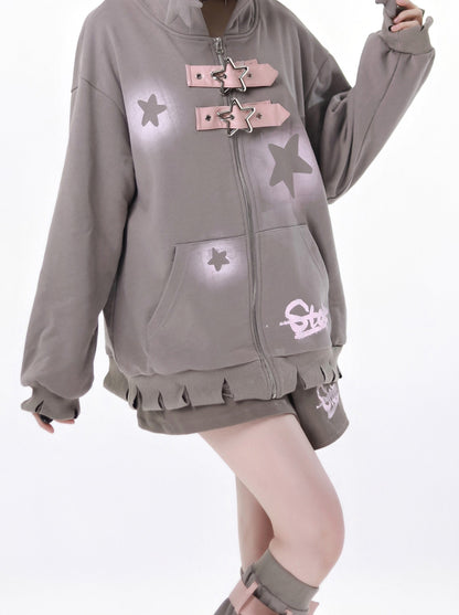 スターアメリカンプリント ルーズジップパーカー + イレギュラースカート + レッグウォーマー
