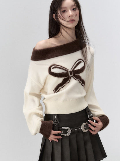 ワンショルダーリボンニットセーター