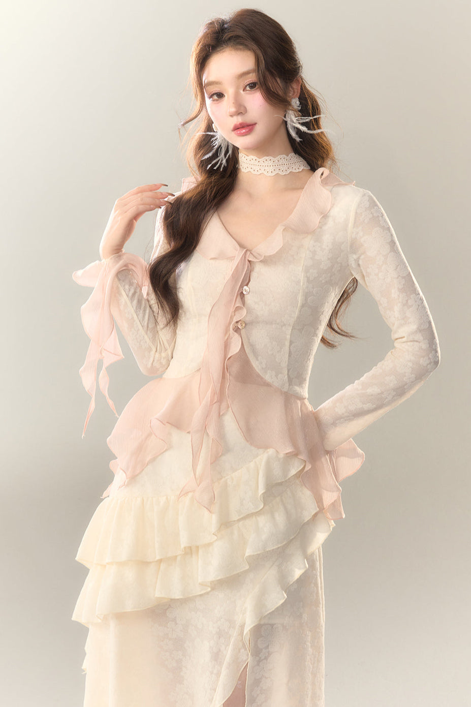 トップス スイート + ロングスカート シアー フリル