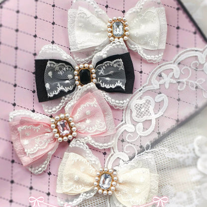Handmade Heart Bow Shoe Clips with Lace & Pearl - Lolita Accessories