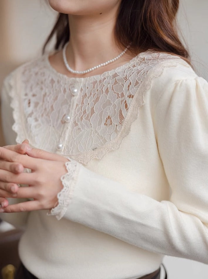 Stil Hals Slim Top Fit Französisch Spitze Rund