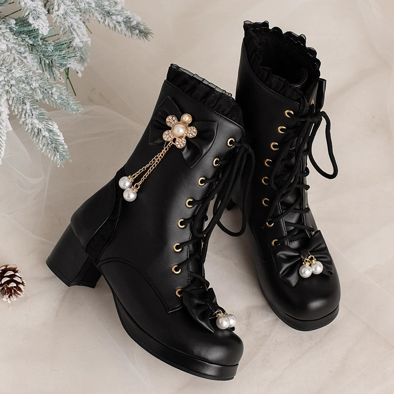 30-43 Lolita Bow & Pearl Embellished Knee-High Boots
