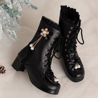 30-43 Lolita Bow & Pearl Embellished Knee-High Boots