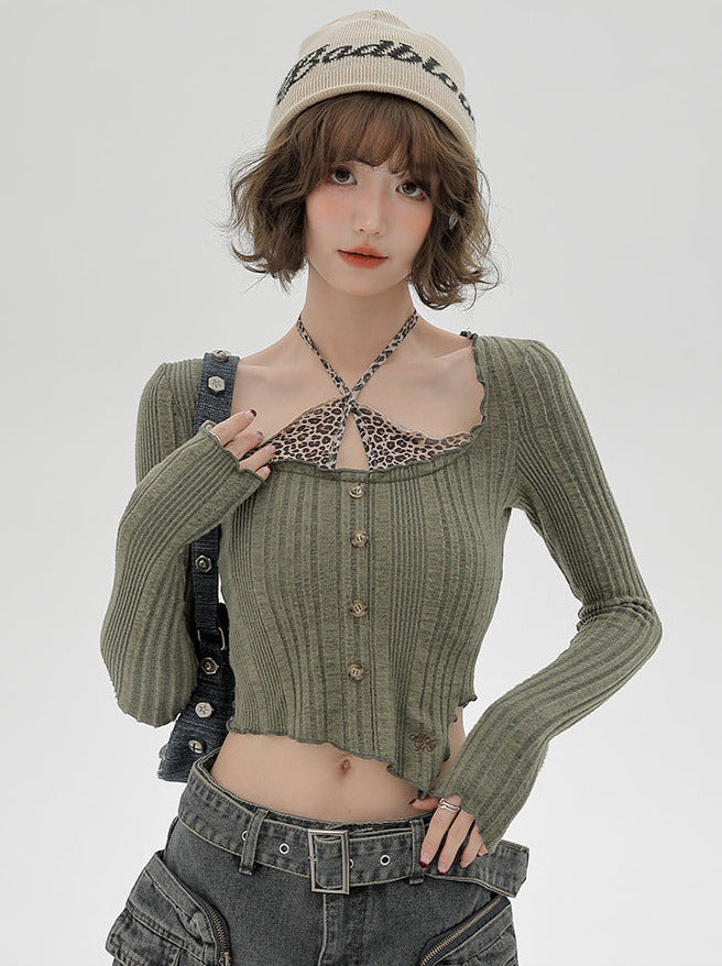 Piece Top Leopard Kontrast Kurz Schlank Zweifarbig Hals Faux Neckholder