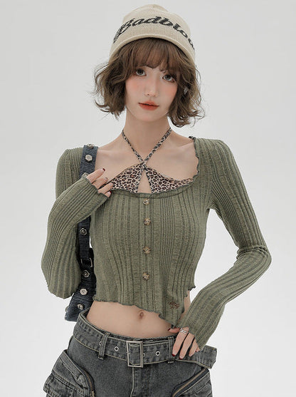 Piece Top Leopard Kontrast Kurz Schlank Zweifarbig Hals Faux Neckholder