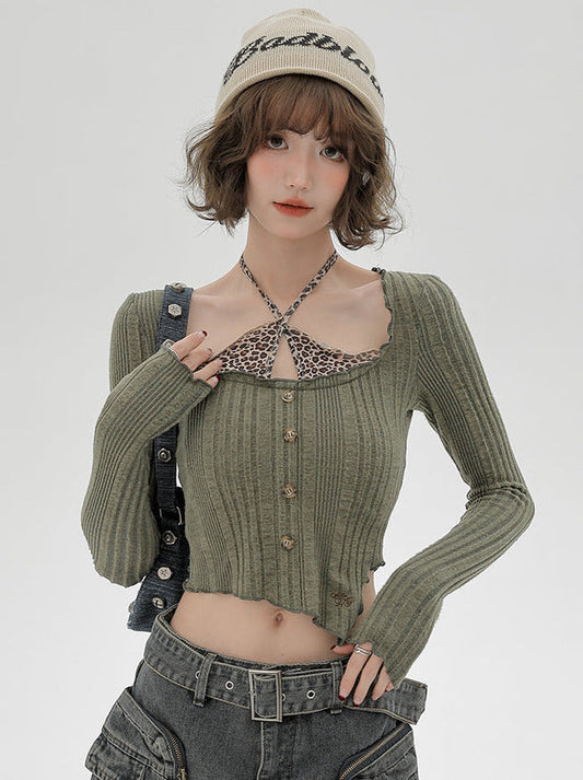 Piece Top Leopard Kontrast Kurz Schlank Zweifarbig Hals Faux Neckholder