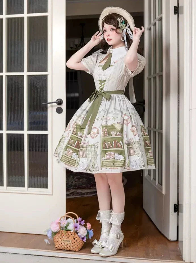 女の子のレトロロリータグリーンドレス