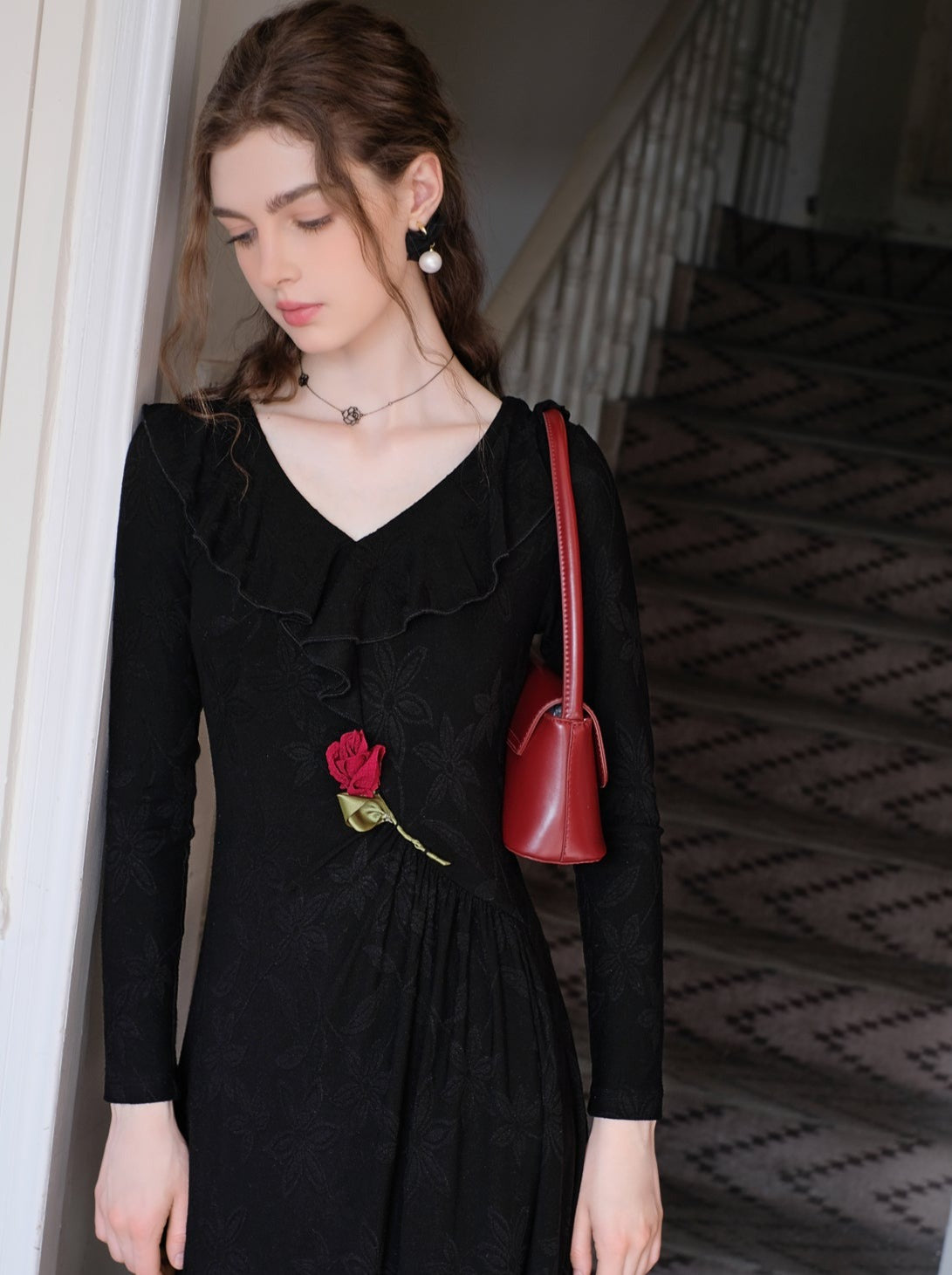 Rose Dress Chic Long Retro Dark Night