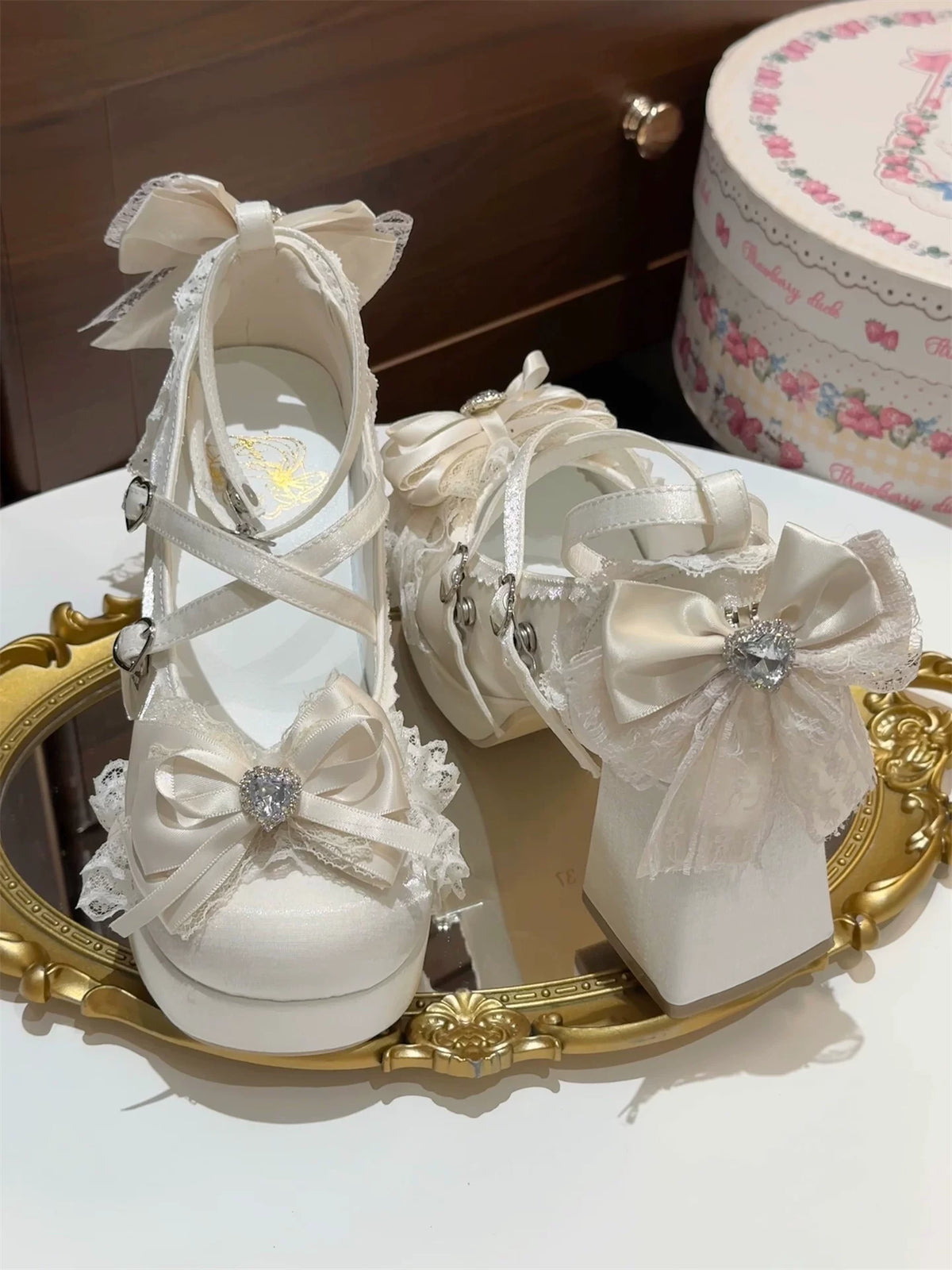 Ivory Ballet Sweetheart Lolita platform heels with lace bows and heart buckles