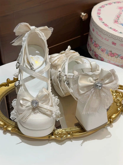 Ivory Ballet Sweetheart Lolita platform heels with lace bows and heart buckles