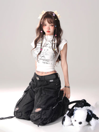 White Cropped Ribbon T-Shirt Backdropped Pink Pure