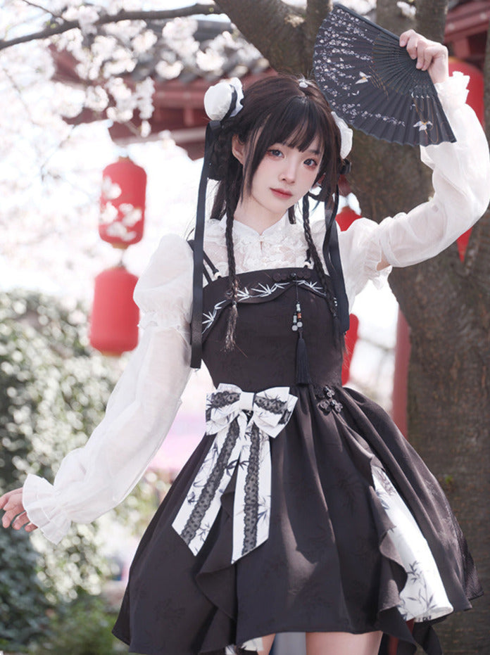 Kleid China Print Bambus Vorbestellung Blumen Blumen Hosenträger