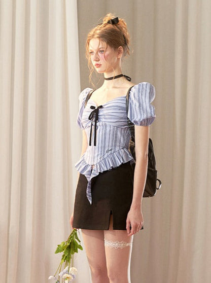 Puff College-Streifen-Top mit Schmetterlingsärmeln