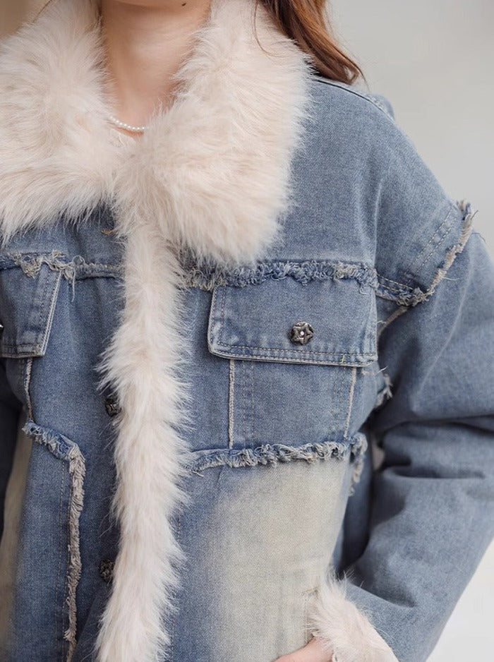 キルティングラペルブルーデニムジャケット