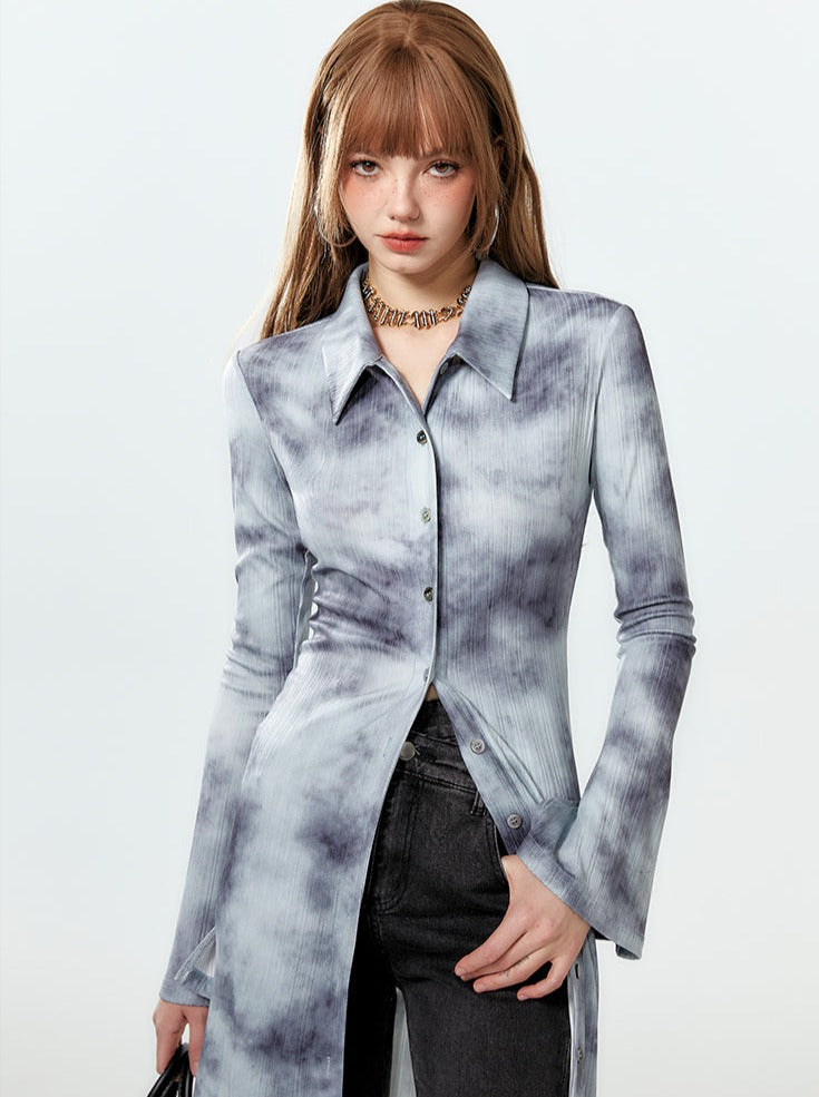 Printed Tops Polo Long Blue
