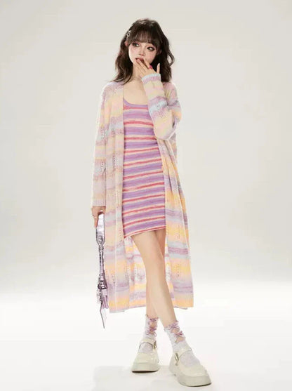 ニットストライプドレス レインボー サマー ストラップ サスペンド スリム