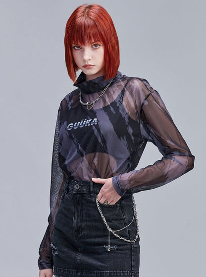 Slim Skin Mode Sheer Top Neck High Mesh