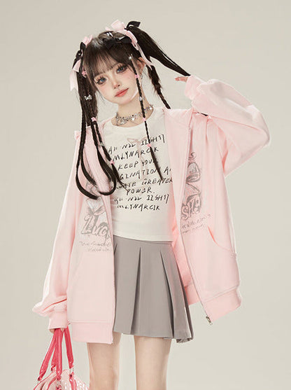 ジップガーリー+ルーズバタフライキャミソールパンツジャケットリボンスウェットシャツフード付きピンク