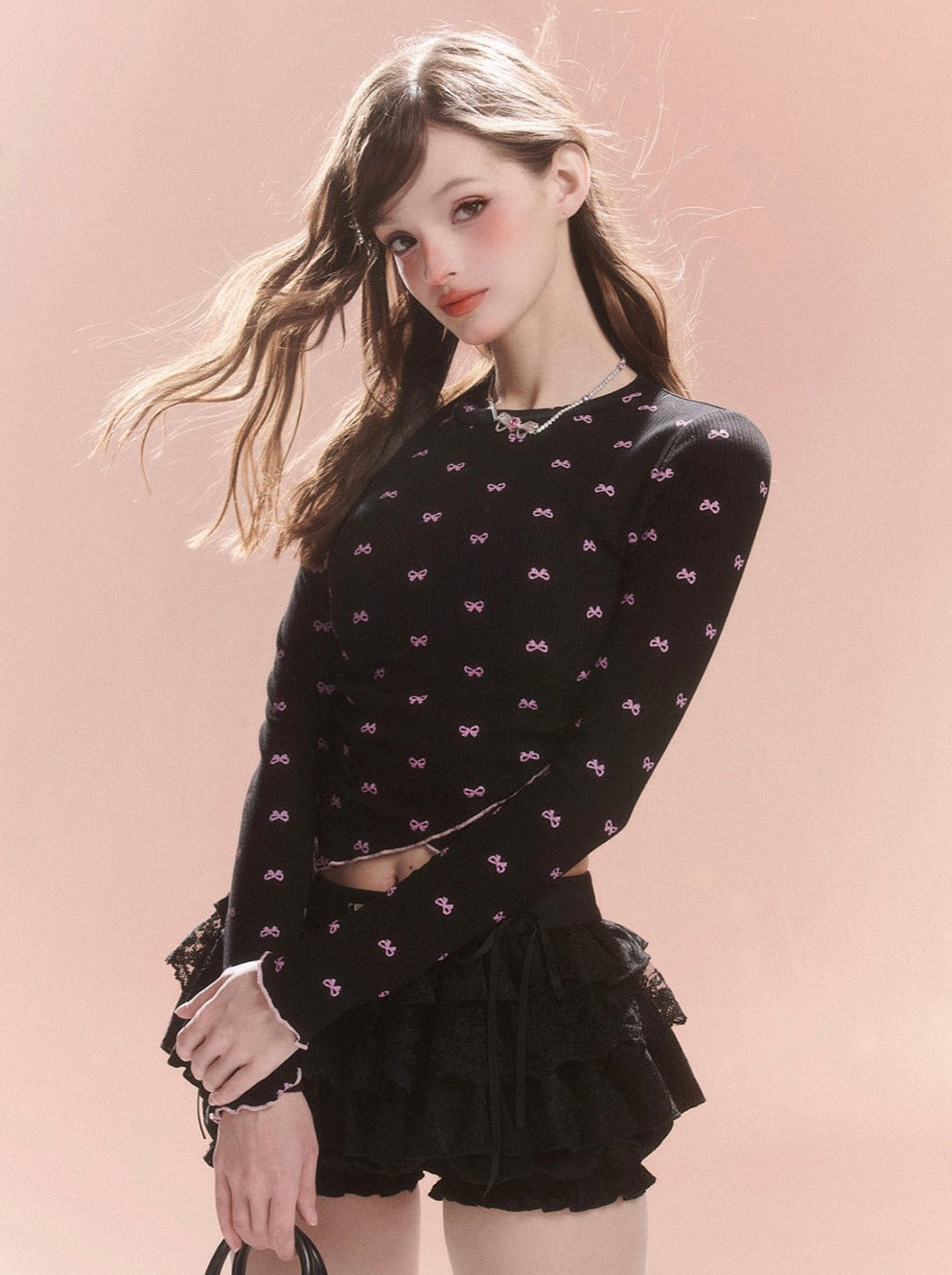 レースアップリボンスリムバッグトップ