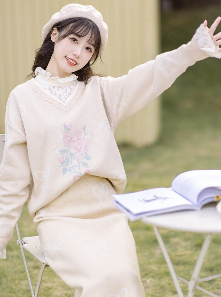 Vest Skirt Sweater + Yellow Jacquard Knit + Ribbon Knit