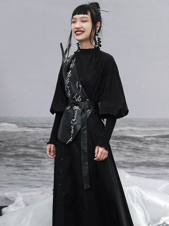 Robe fendue à manches longues style lanterne élégante