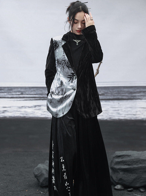 中国プリントジャケット コントラスト竹ベルベットカラースプライシング