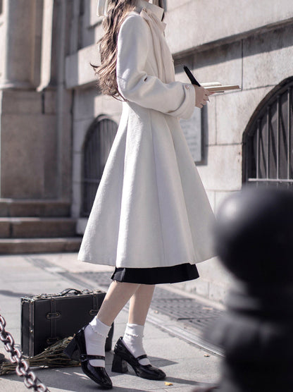 スタンドカラーウールコート エレガント レトロ リボン ダブルブレスト