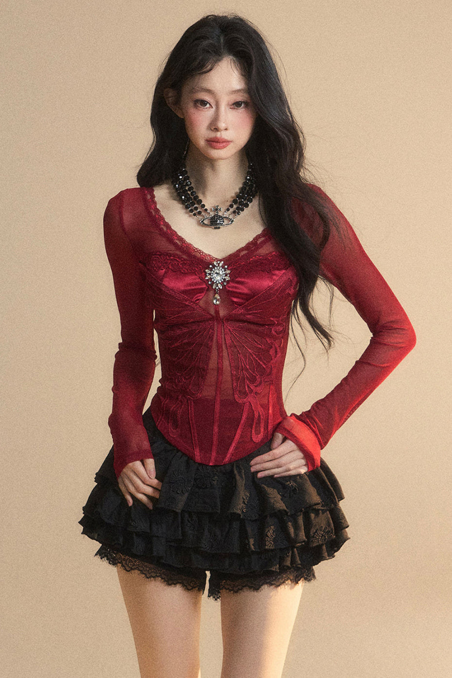 トップメッシュクランベリー 予約商品 オーストラリアンレース Vネック