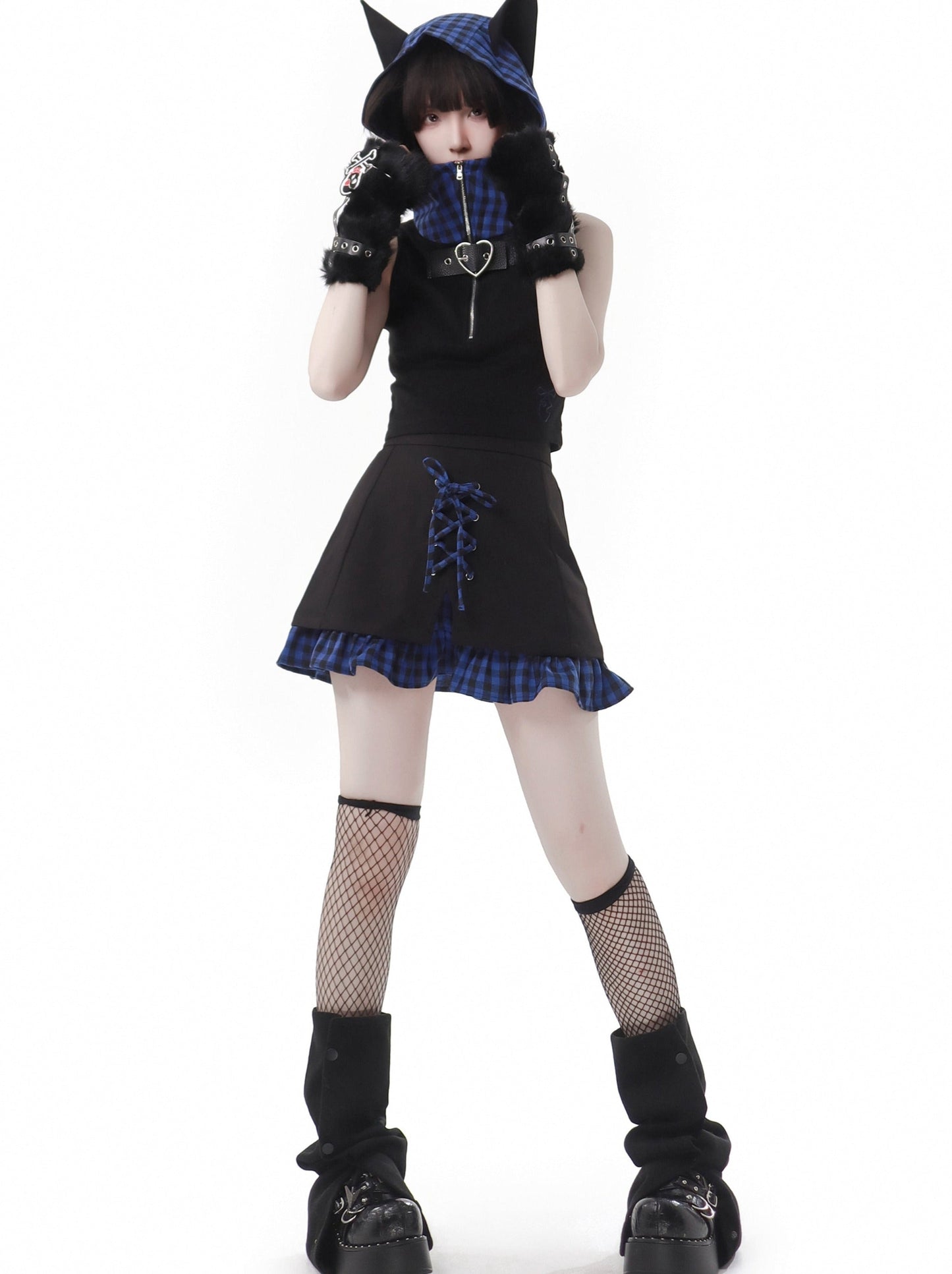 キャットブルーフィーディチェック耳デザインスーツサマーステッチストラップ