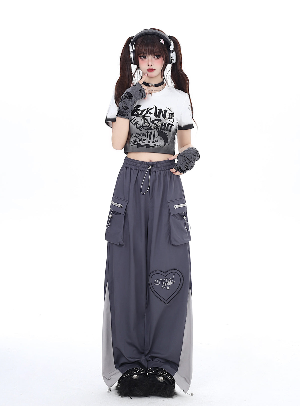 Drawstring Contrast Love Pants Color Cargo
