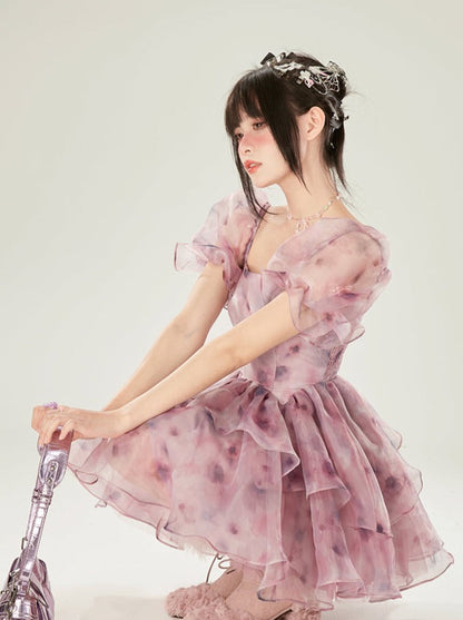 ドリームドレススリーブパープルフラワーオールドシアーパフ