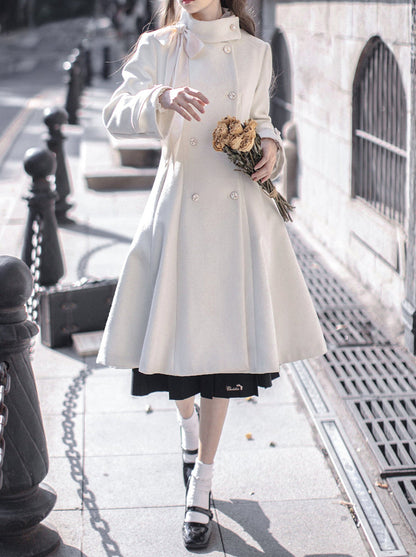 エレガントなスタンドリボンダブルレトロコート ウールブレストカラー