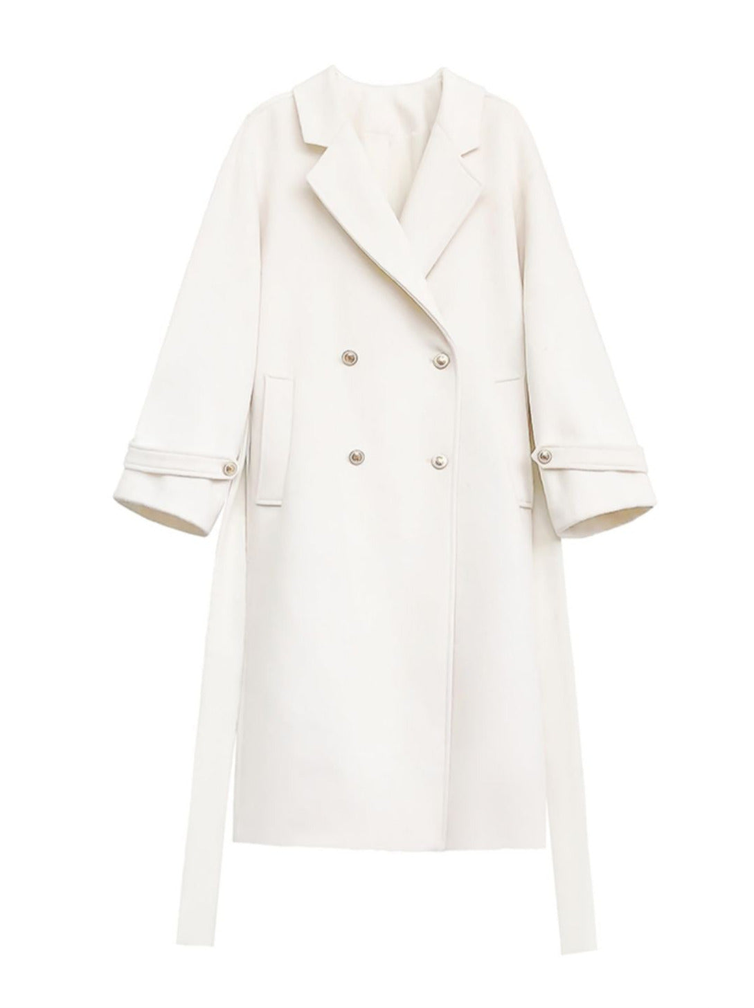 エレガントなホワイトのダブルブレストコクーンコート（カレッジウール）