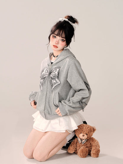 Zip-Up Hooded Loose Black Hoodie Ribbon