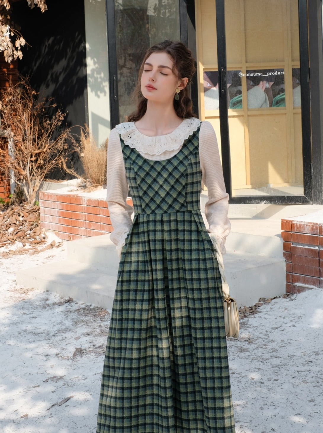 カラースカート レトロ サスペンダー グリーン チェック フリル ブラウス レース