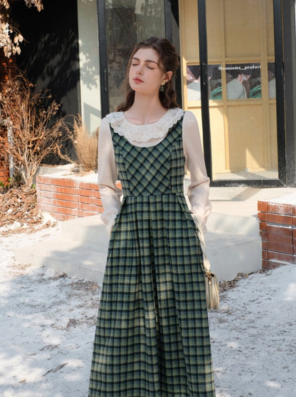 カラースカート レトロ サスペンダー グリーン チェック フリル ブラウス レース