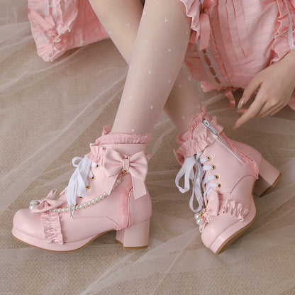 28-43 Sweet Martin Bow Pearl Lolita Boots