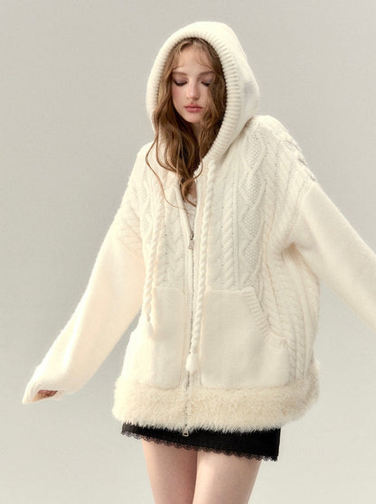 Kapuzenpullover mit Zopfmuster und Reißverschluss