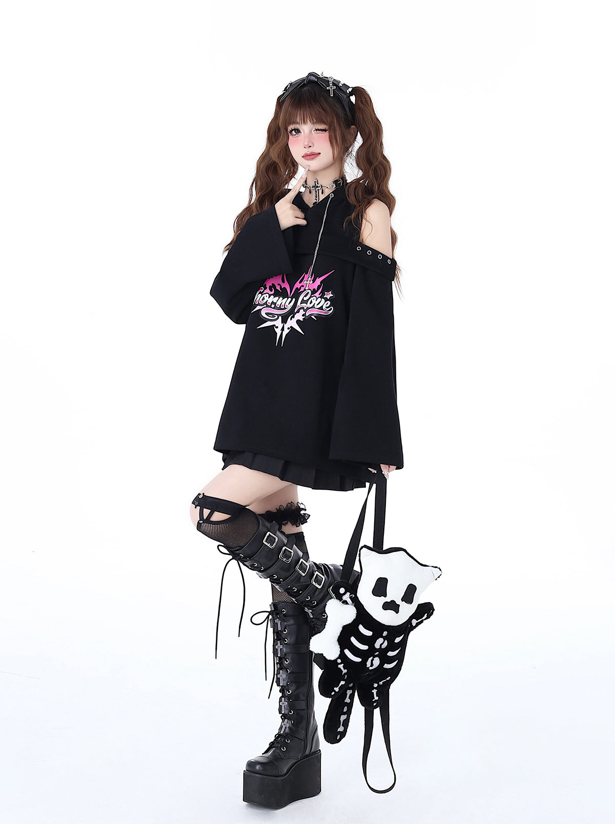 Subculture Punk Leaky Chain Spring Shoulder Original Top Dark Hooded Sweatshirt Rock
